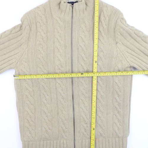Tommy Hilfiger Men Beige Cable-Knit Full Zip Wool Cardigan L