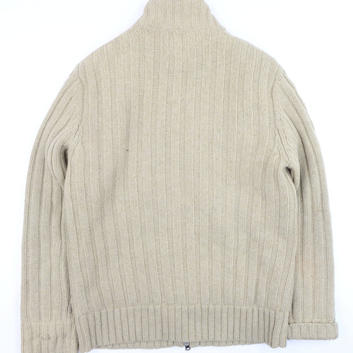 Tommy Hilfiger Men Beige Cable-Knit Full Zip Wool Cardigan L