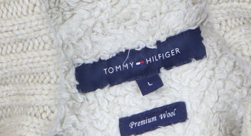 Tommy Hilfiger Men Beige Cable-Knit Full Zip Wool Cardigan L
