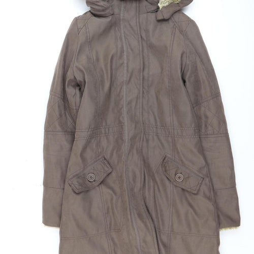 Peter Storm Women Brown Hooded Fur Trim Long Parka Coat Size 8