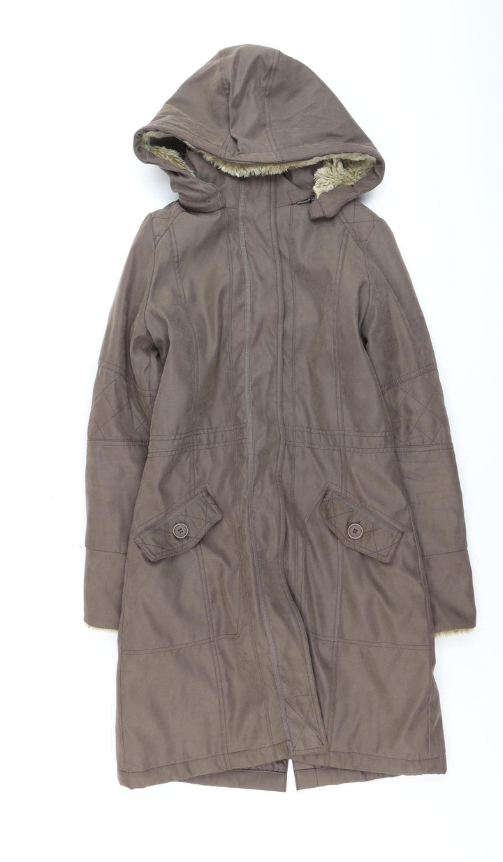 Peter Storm Women Brown Hooded Fur Trim Long Parka Coat Size 8