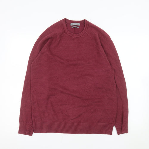 Marks and Spencer Men's Red Cotton Blend Crew Neck Jumper Size M