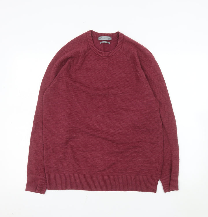Marks and Spencer Men's Red Cotton Blend Crew Neck Jumper Size M