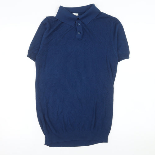 River Island Men's Blue Knit Short Sleeve Polo Shirt Size M