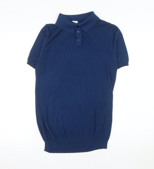 River Island Men's Blue Knit Short Sleeve Polo Shirt Size M