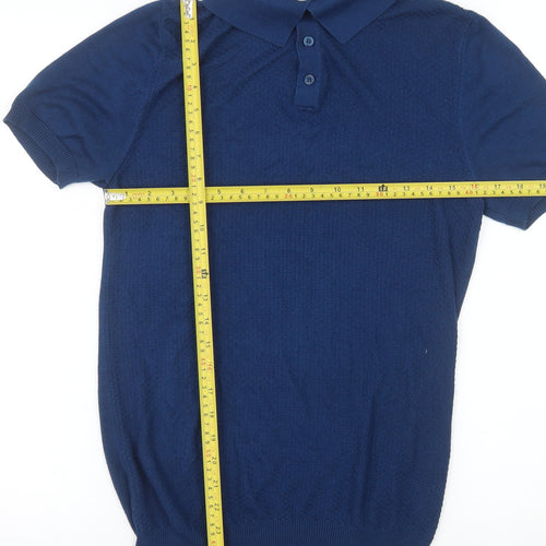 River Island Men's Blue Knit Short Sleeve Polo Shirt Size M