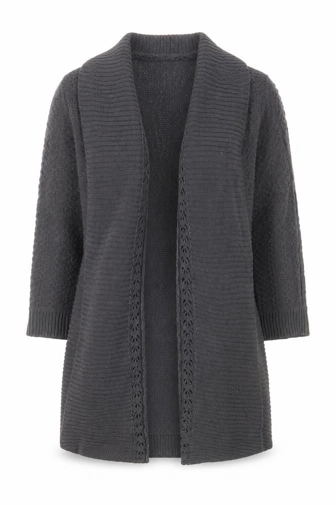 Front view of H&M Women’s Grey Knit Cardigan, size UK 8, Belted Open Front