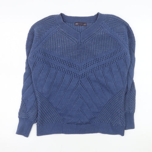 Marks and Spencer Men's Blue V-Neck Chunky Knit Cotton Jumper Size S