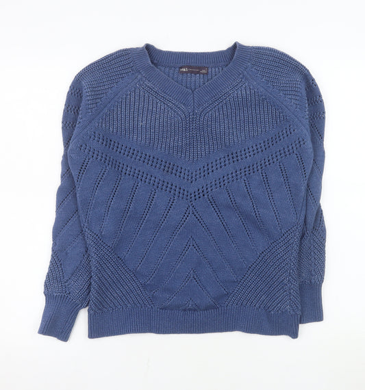 Marks and Spencer Men's Blue V-Neck Chunky Knit Cotton Jumper Size S