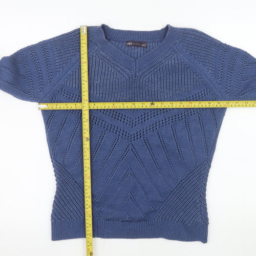 Marks and Spencer Men's Blue V-Neck Chunky Knit Cotton Jumper Size S