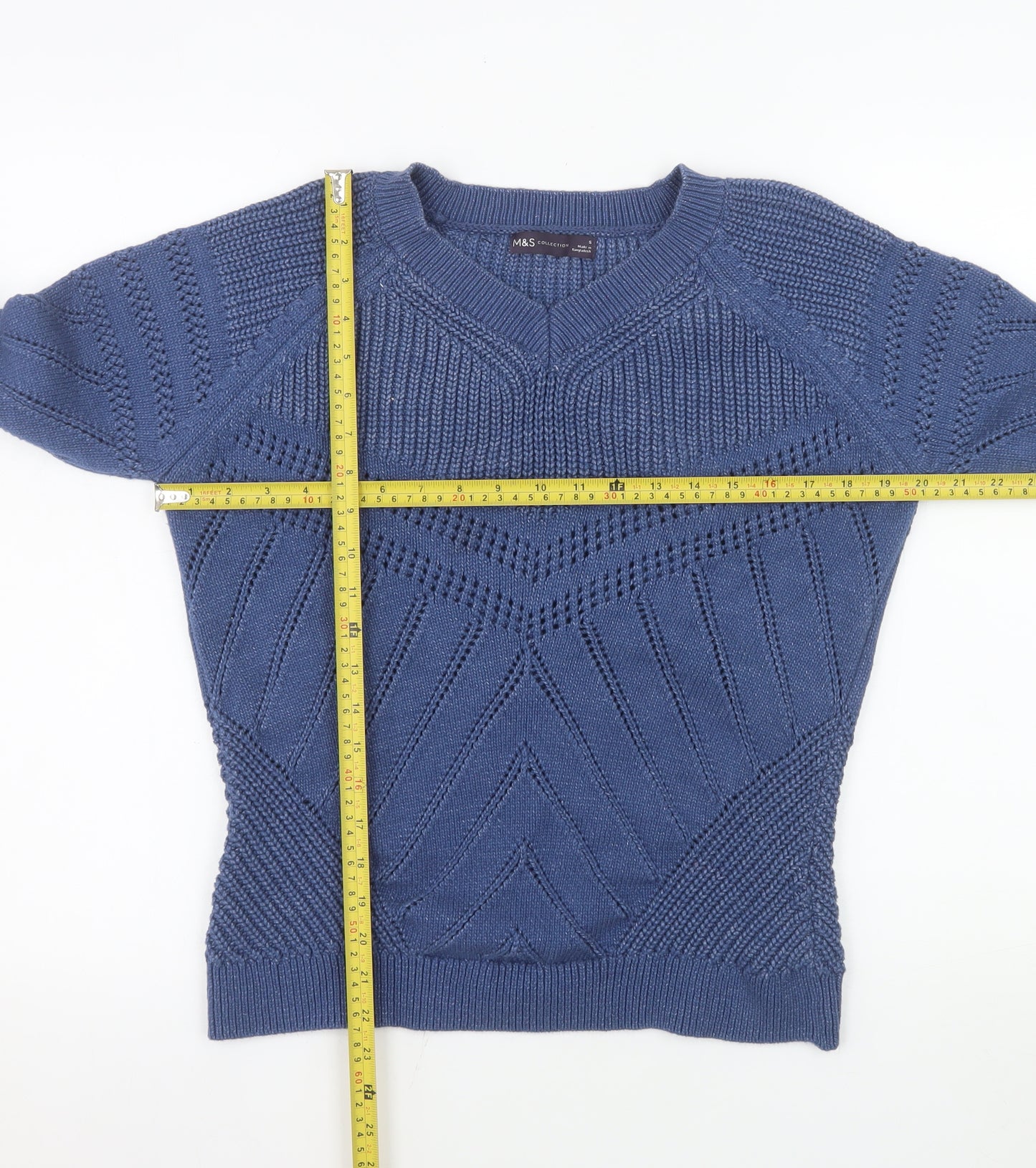 Marks and Spencer Men's Blue V-Neck Chunky Knit Cotton Jumper Size S