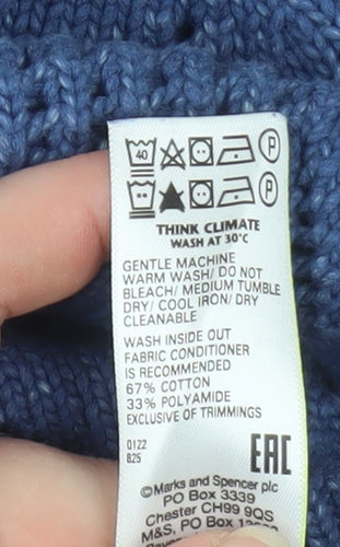 Marks and Spencer Men's Blue V-Neck Chunky Knit Cotton Jumper Size S