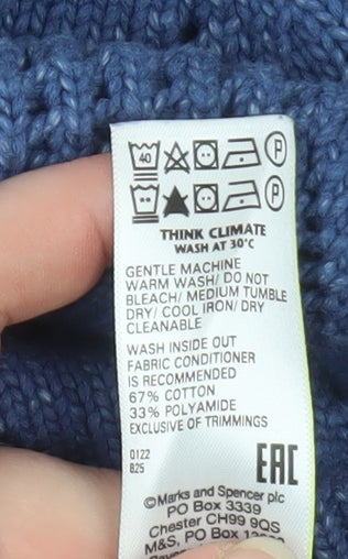 Marks and Spencer Men's Blue V-Neck Chunky Knit Cotton Jumper Size S