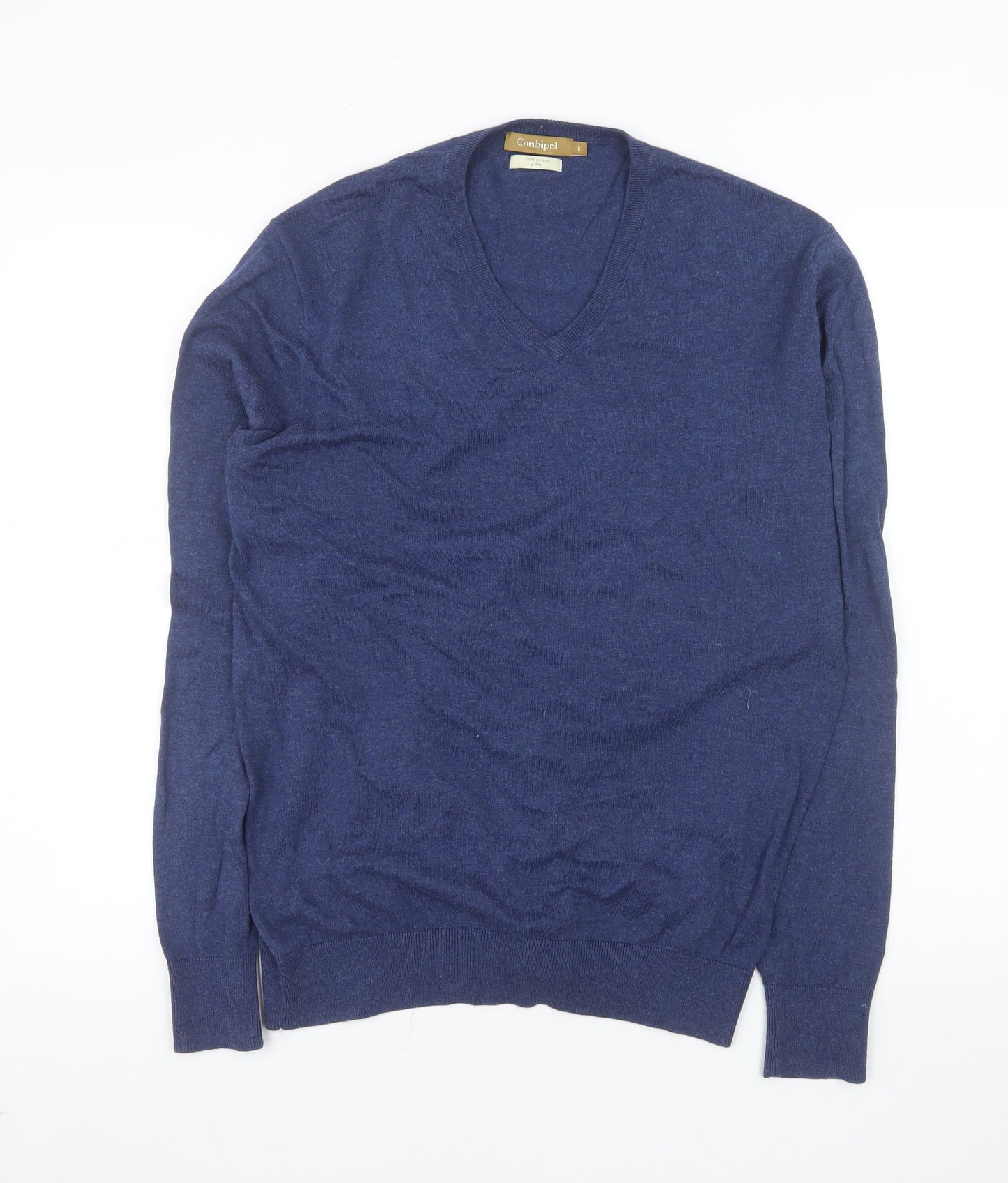 Conbipel Men's Blue Cotton V-Neck Jumper Size L Lightweight Knit