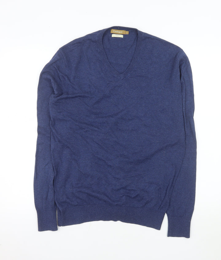 Conbipel Men's Blue Cotton V-Neck Jumper Size L Lightweight Knit