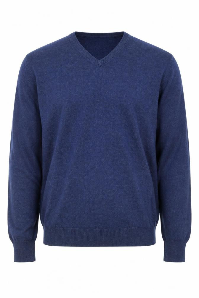 Front view of Conbipel Men's Blue Cotton V-Neck Jumper, size L, Lightweight Knit