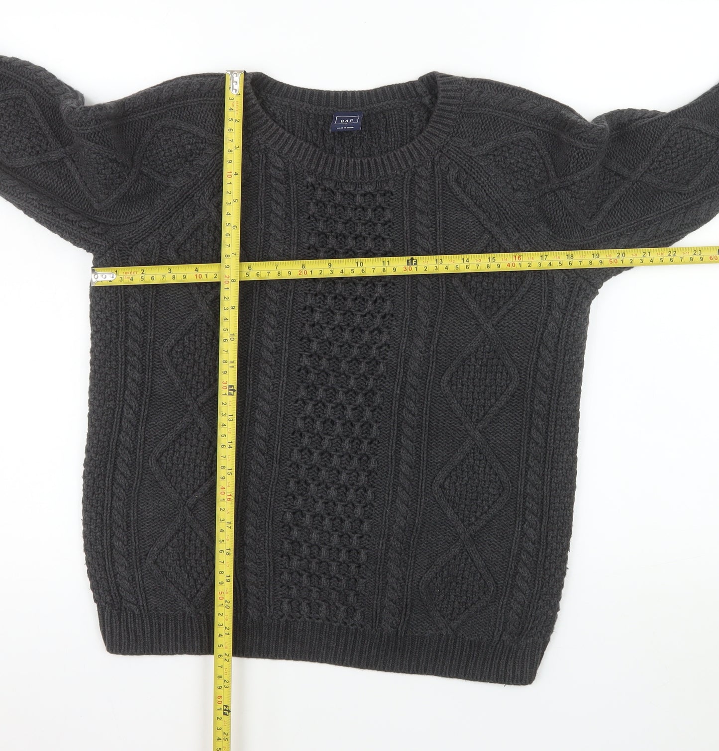 GAP Men's Grey Cable-Knit Cotton Crew Neck Jumper Size M