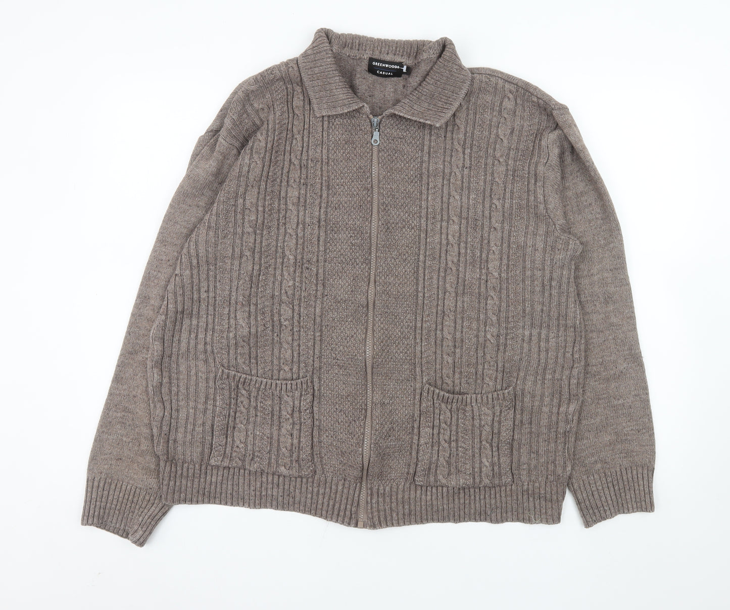 Greenwoods Men's Brown Wool Full Zip Knit Jacket Size L