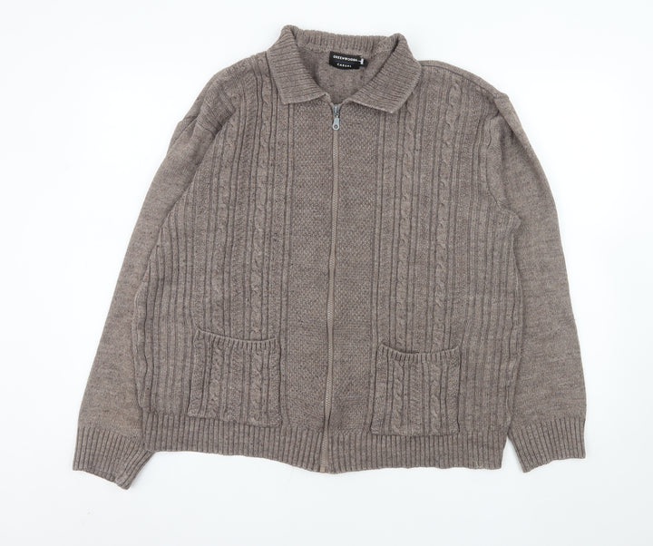 Greenwoods Men's Brown Wool Full Zip Knit Jacket Size L