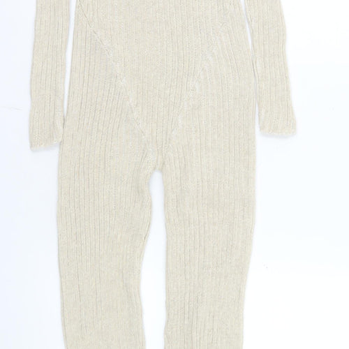 PrettyLittleThing Women’s Beige Rib Knit Long Sleeve Catsuit Size S