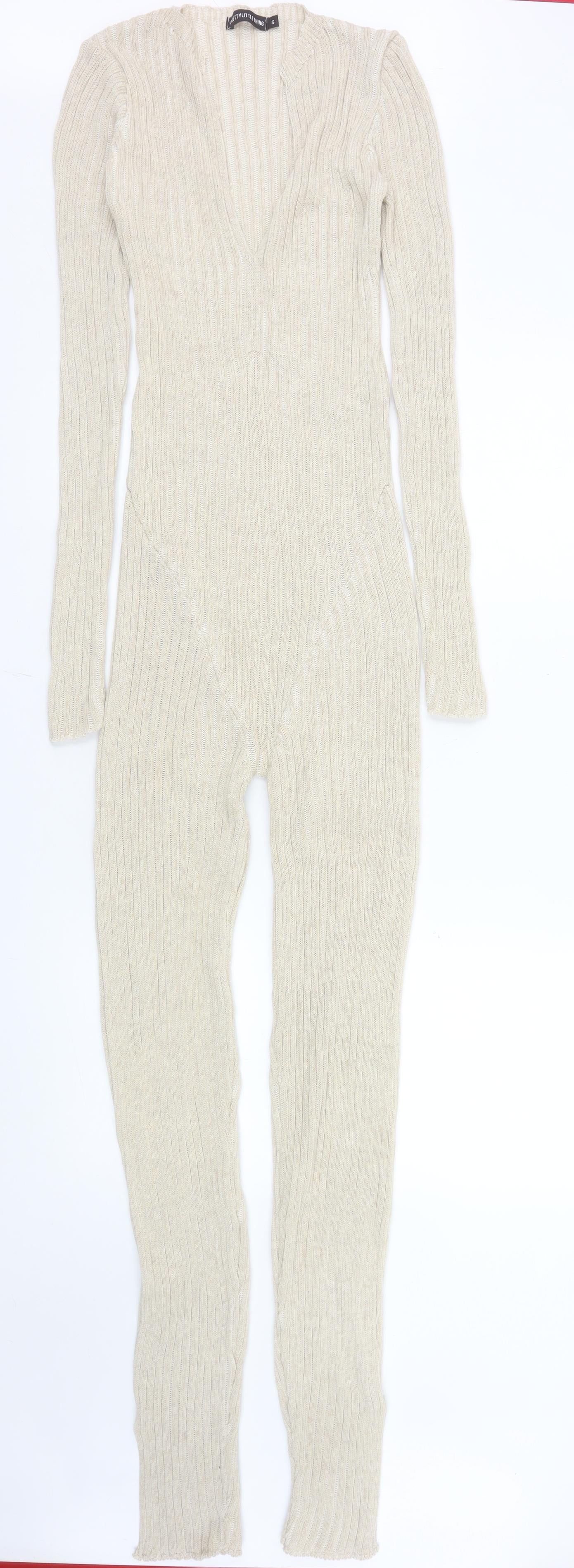 PrettyLittleThing Women’s Beige Rib Knit Long Sleeve Catsuit Size S
