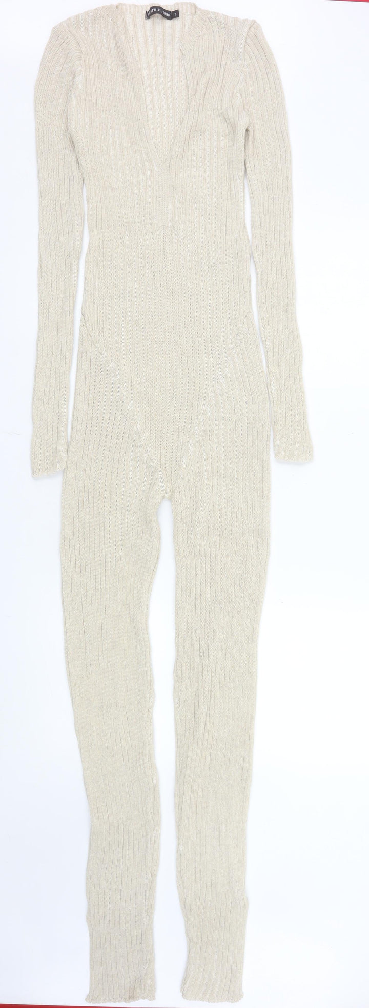 PrettyLittleThing Women’s Beige Rib Knit Long Sleeve Catsuit Size S