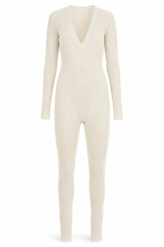 PrettyLittleThing Women’s Beige Rib Knit Long Sleeve Catsuit Size S