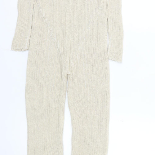 PrettyLittleThing Women’s Beige Rib Knit Long Sleeve Catsuit Size S