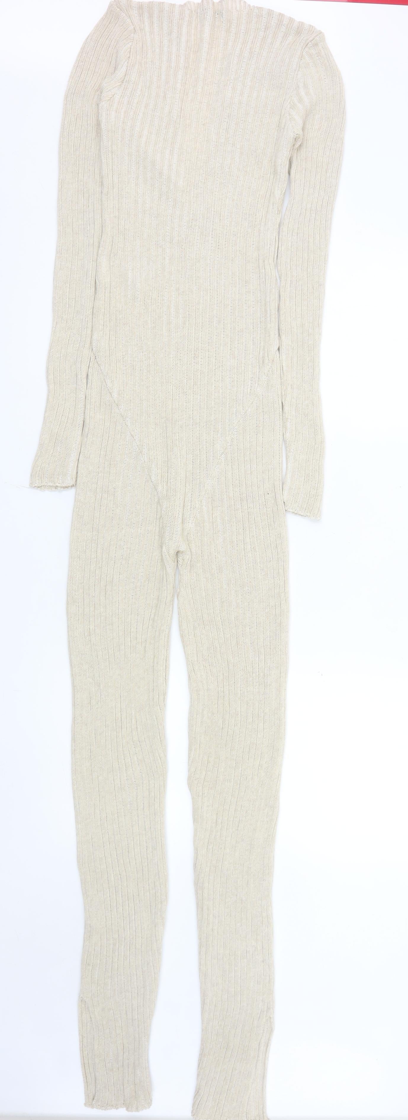 PrettyLittleThing Women’s Beige Rib Knit Long Sleeve Catsuit Size S
