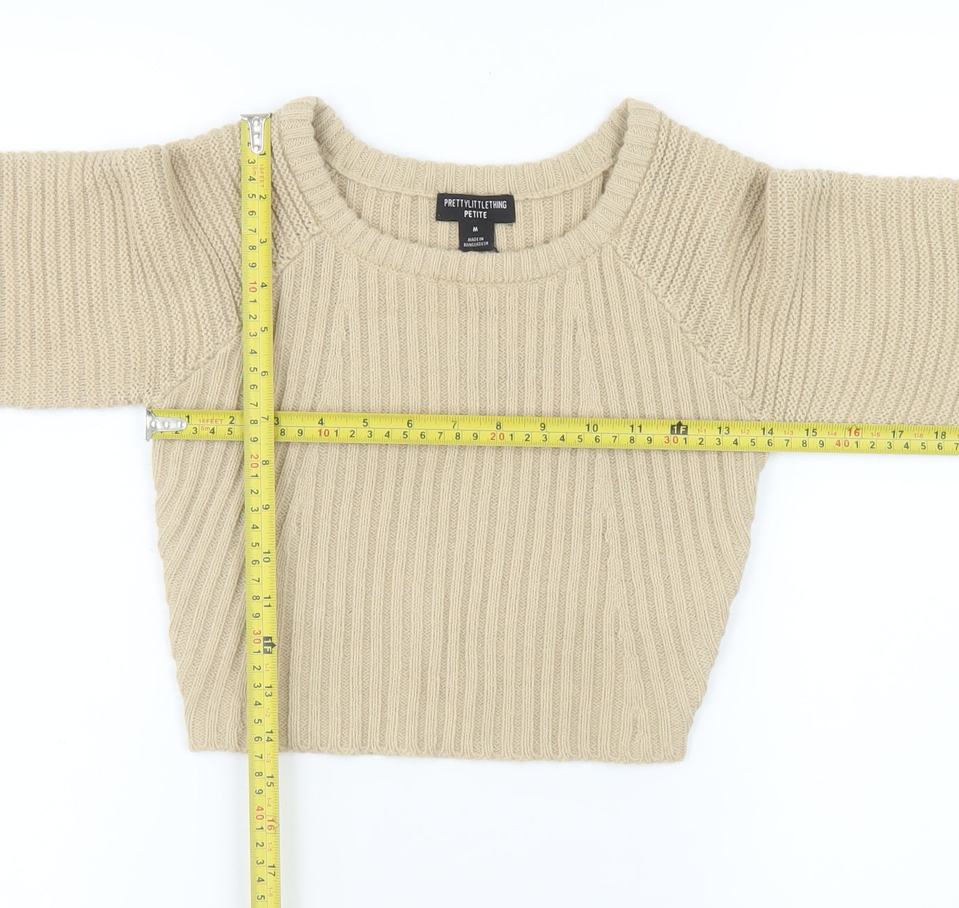 PrettyLittleThing Women Beige Petite M Rib Knit Pullover Jumper