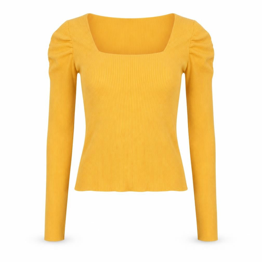 Front view of ASOS Women's Yellow Long Sleeve Square Neck Ribbed Top, size 10