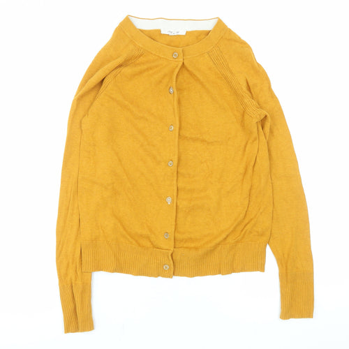White Stuff Women Yellow Cotton Crew Neck Cardigan Size 8
