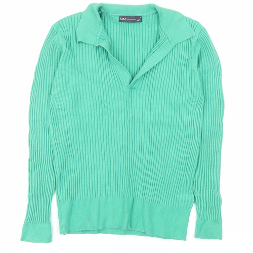 Marks and Spencer Women's Green Collared Rib Knit Long Sleeve Polo Top Size 12