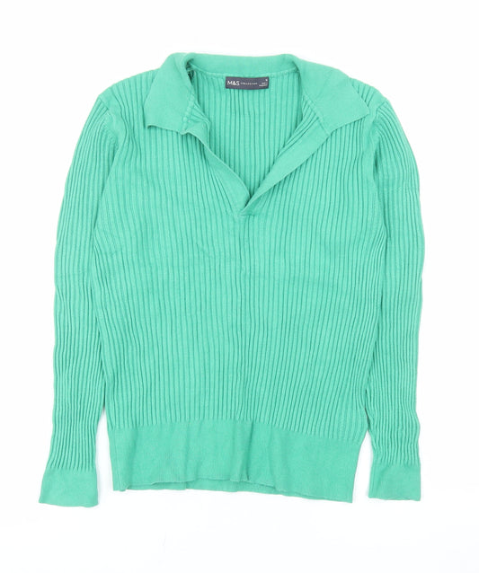 Marks and Spencer Women's Green Collared Rib Knit Long Sleeve Polo Top Size 12