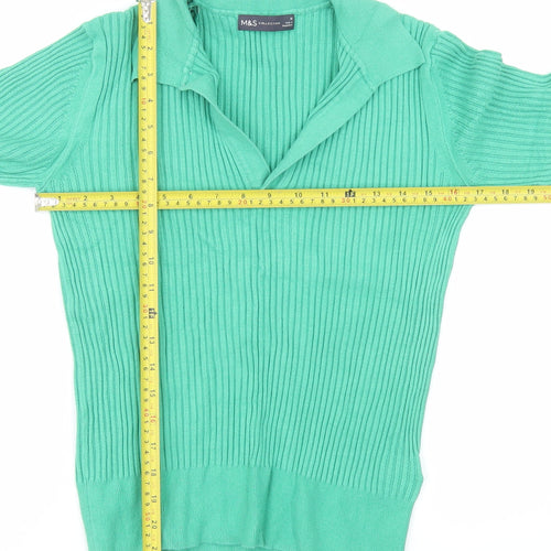 Marks and Spencer Women's Green Collared Rib Knit Long Sleeve Polo Top Size 12