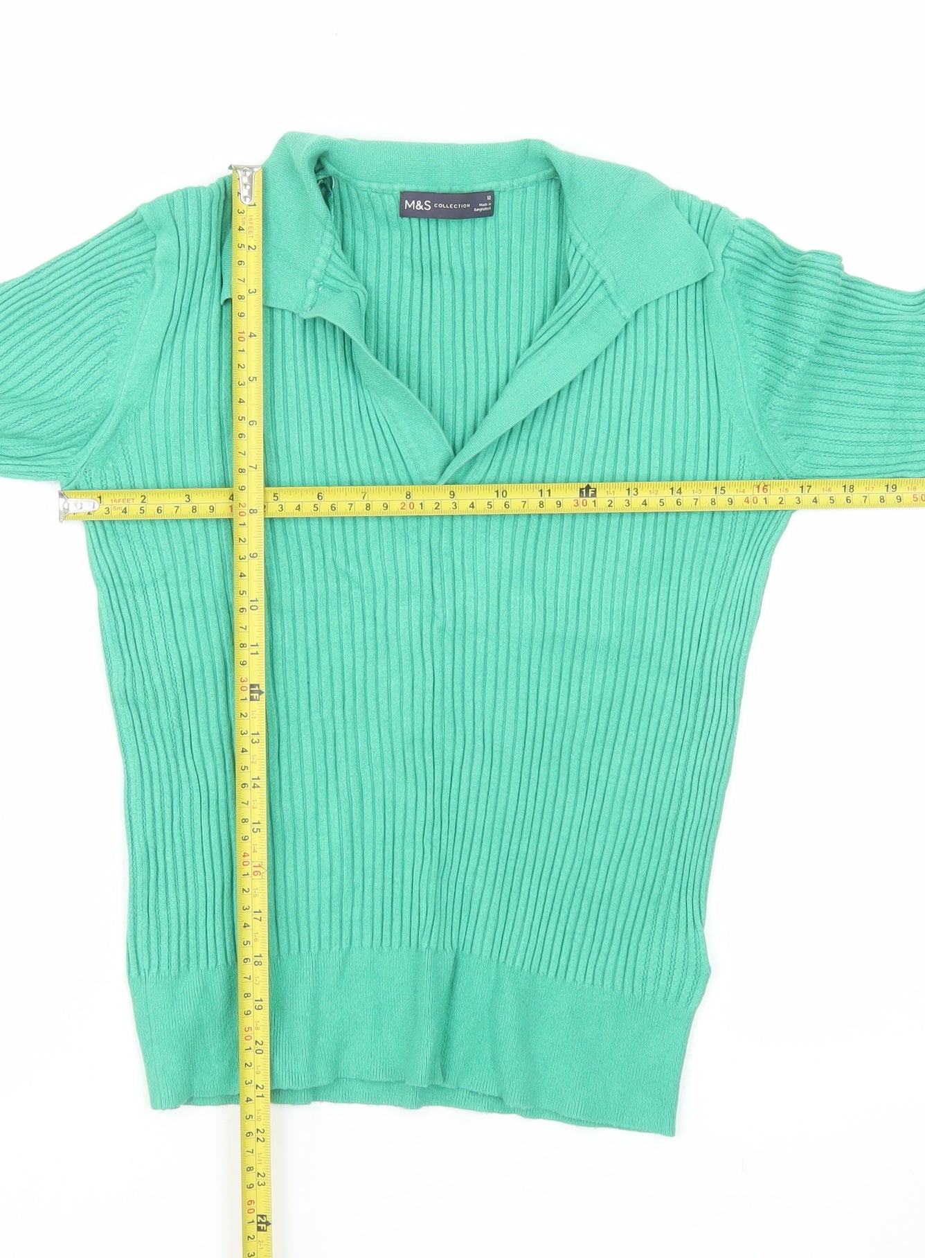 Marks and Spencer Women's Green Collared Rib Knit Long Sleeve Polo Top Size 12