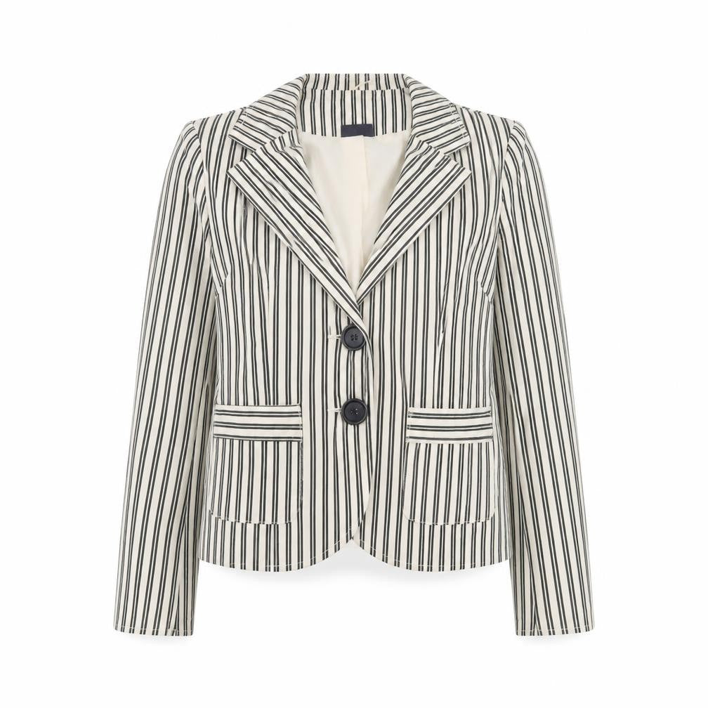 Front view of Pilot Women’s White Striped Cotton Stretch Blazer Jacket, size UK 12