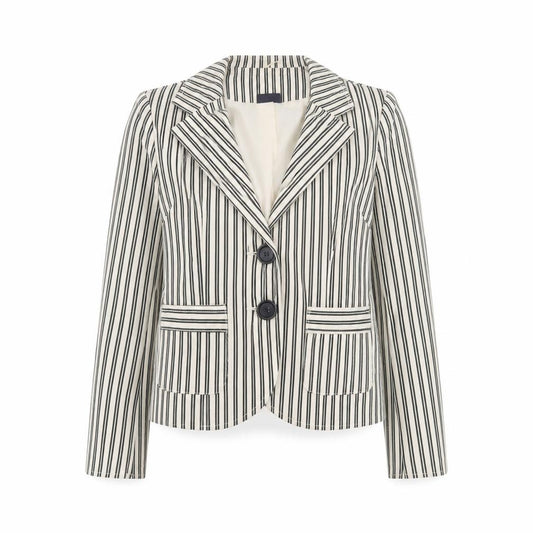 Front view of Pilot Women’s White Striped Cotton Stretch Blazer Jacket, size UK 12