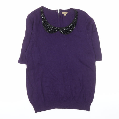 M&Co Boutique Women's Purple Beaded Collar Short Sleeve Top Size 16