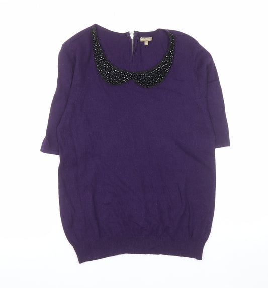 M&Co Boutique Women's Purple Beaded Collar Short Sleeve Top Size 16