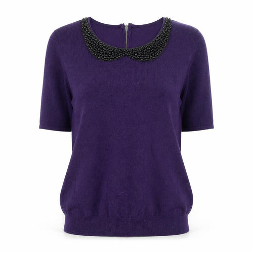 M&Co Boutique Women's Purple Beaded Collar Short Sleeve Top Size 16