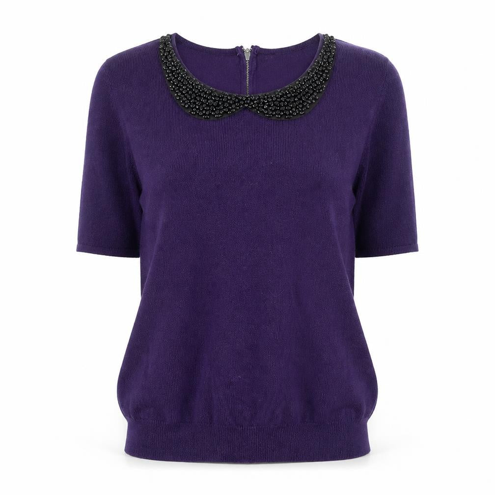 M&Co Boutique Women's Purple Beaded Collar Short Sleeve Top Size 16