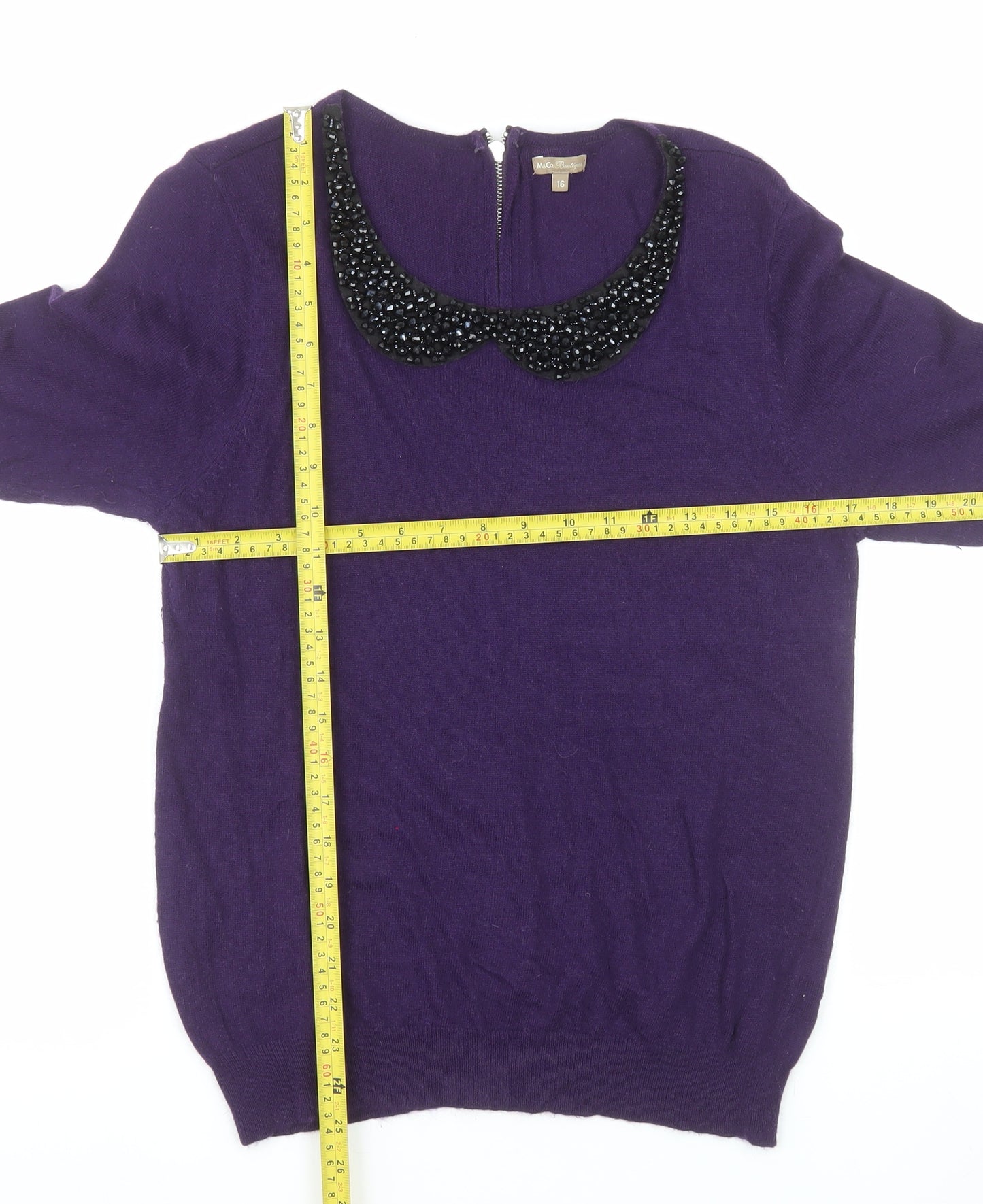 M&Co Boutique Women's Purple Beaded Collar Short Sleeve Top Size 16