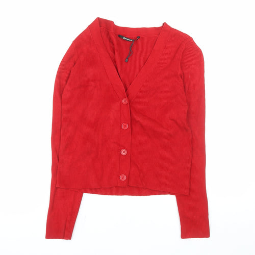 Stradivarius Women Red L Button V-Neck Slim Knit Cardigan