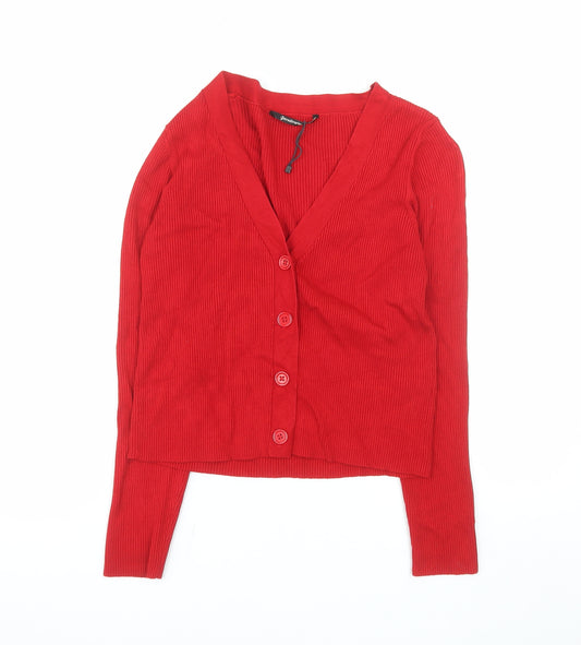 Stradivarius Women Red L Button V-Neck Slim Knit Cardigan