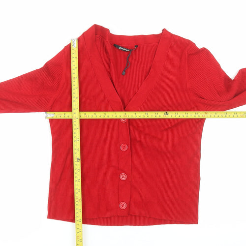 Stradivarius Women Red L Button V-Neck Slim Knit Cardigan