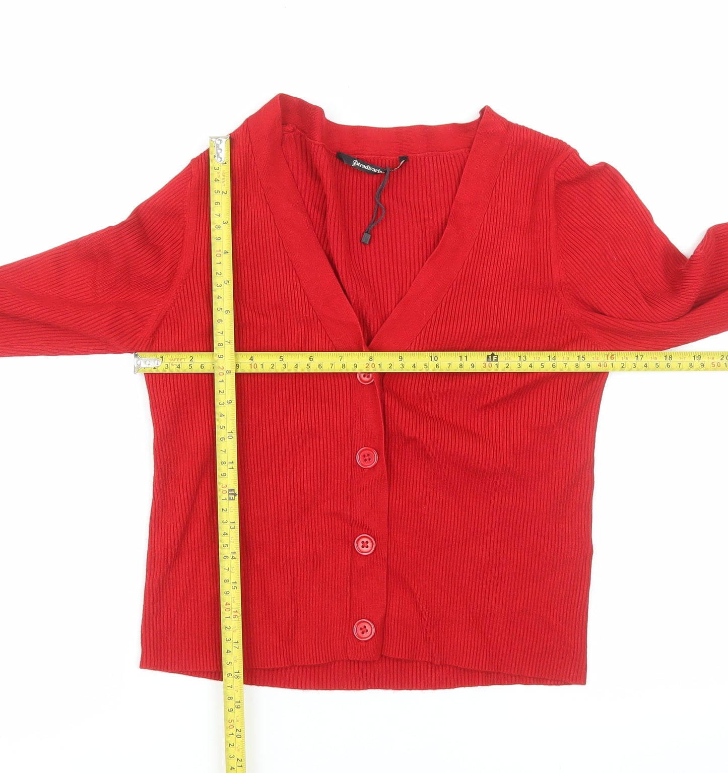 Stradivarius Women Red L Button V-Neck Slim Knit Cardigan