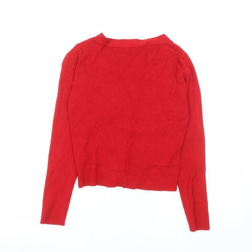 Stradivarius Women Red L Button V-Neck Slim Knit Cardigan