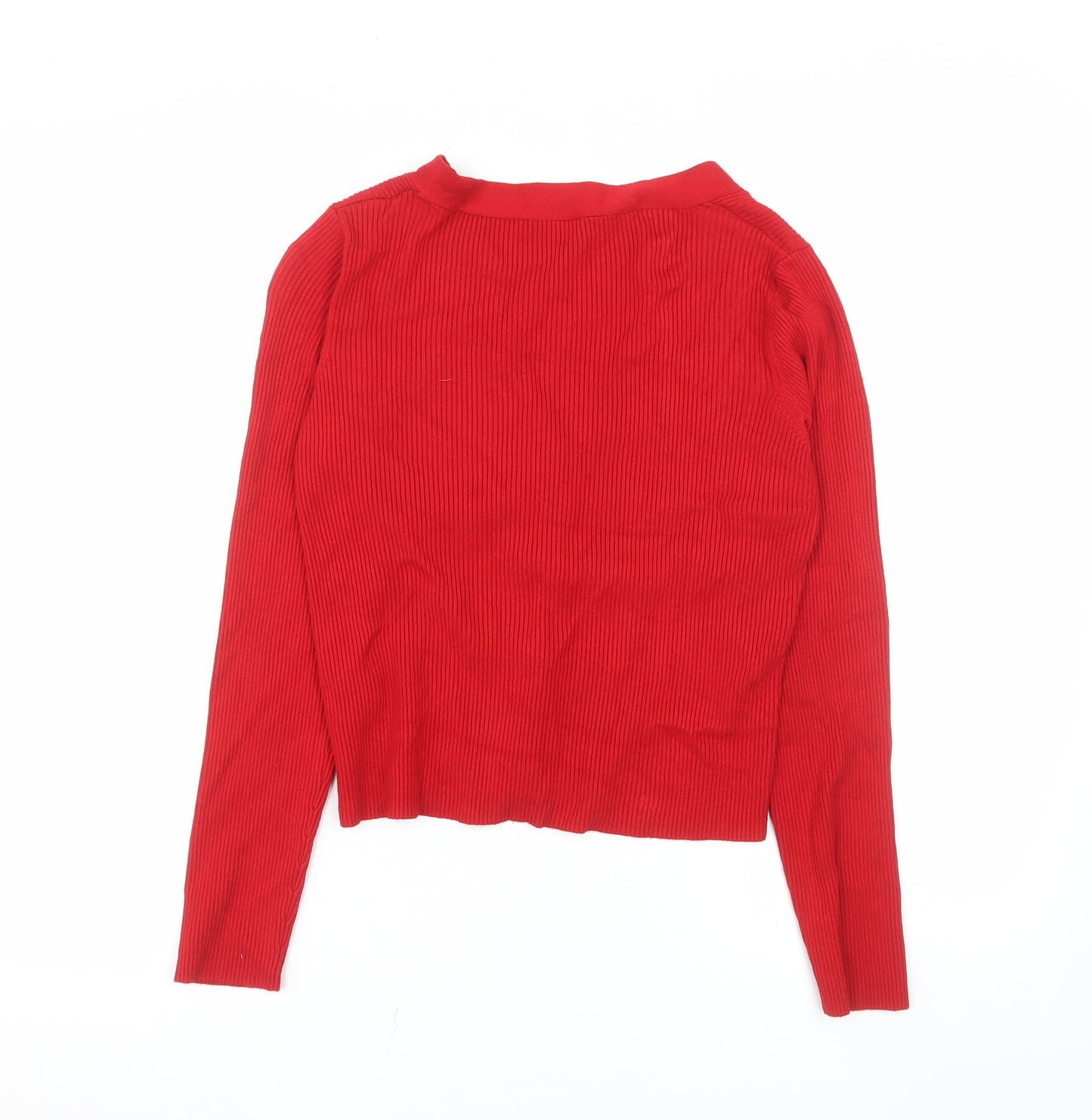 Stradivarius Women Red L Button V-Neck Slim Knit Cardigan