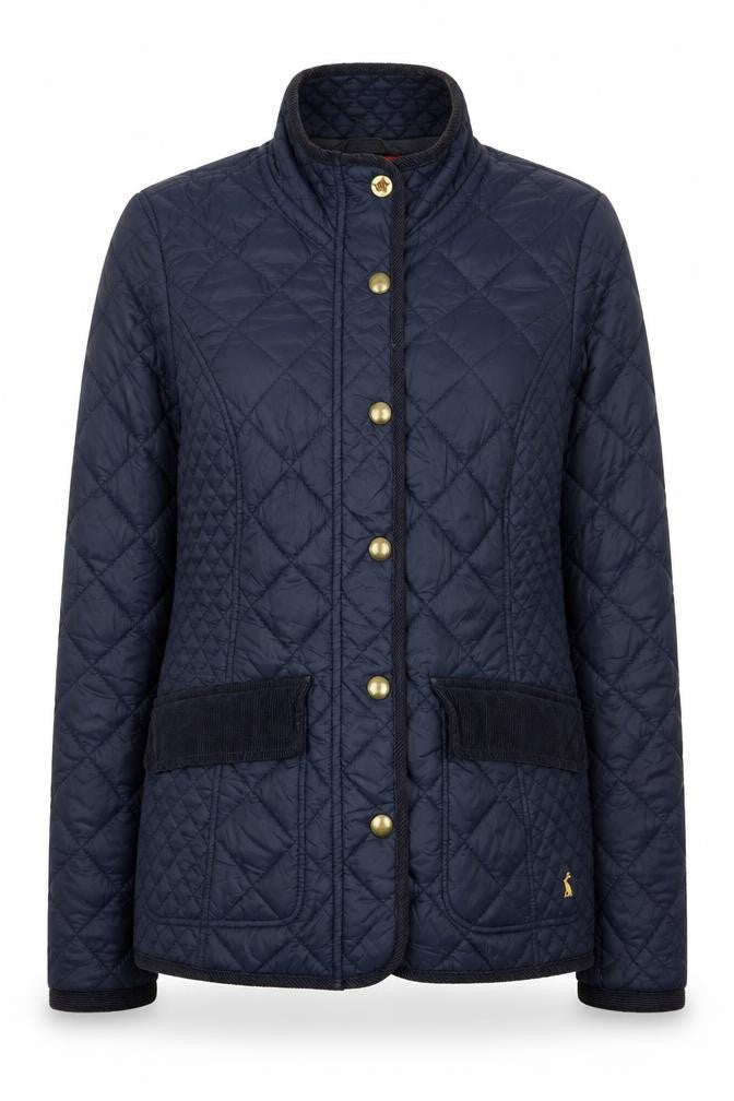 Front view of Joules Women’s Blue Quilted Mid-Length Jacket, size UK 10